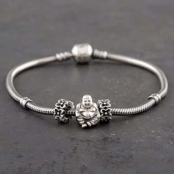 Second Hand Pandora Silver Oxidised Buddha With Flower Spacers & 21cm Charm Bracelet 41221054