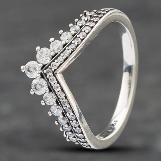 Second Hand Pandora Silver Cubic Zirconia Princess Tiara Wishbone Dress Ring 41221107