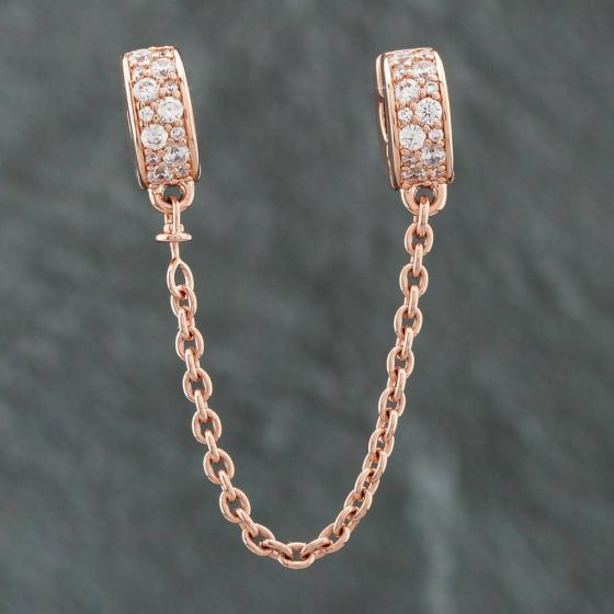 Second Hand Pandora Rose Gold Plated Silver Cubic Zirconia Pave Safety Chain Charm 41221156