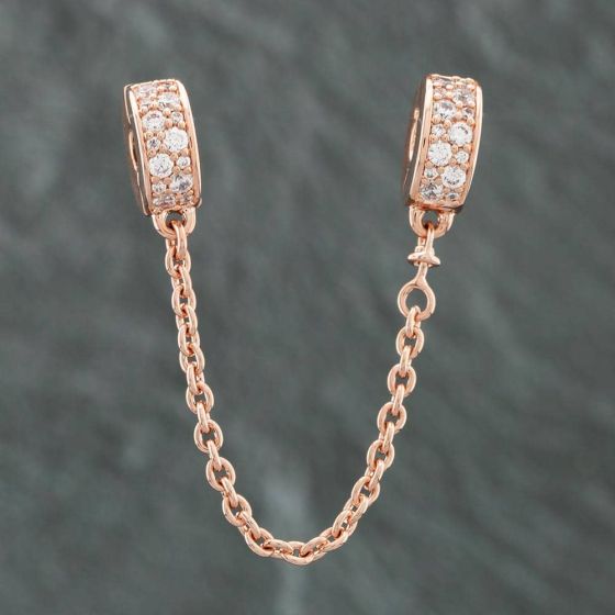Second Hand Pandora Rose Gold Plated Silver Cubic Zirconia Pave Safety Chain Charm 41221157