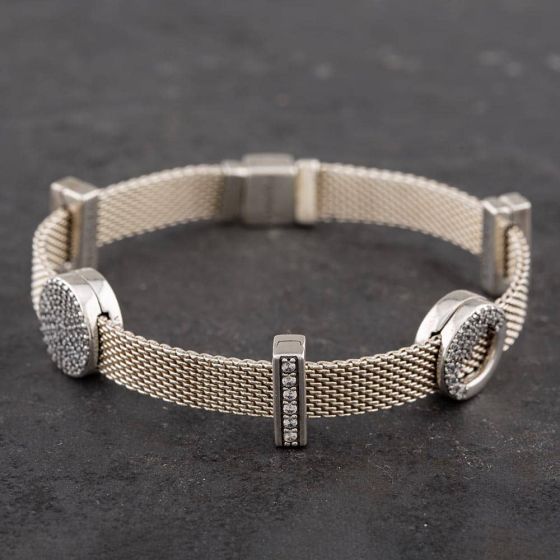 Second Hand Pandora Silver Cubic Zirconia Mesh 6.5 Inch Charm Bracelet 41221164