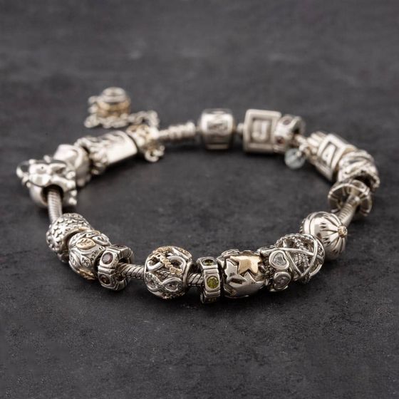 Second Hand Pandora Silver 22 Assorted Charms 8.5 Inch Snake Charm Bracelet 41221182
