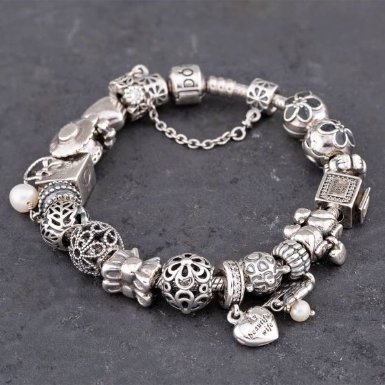 Second Hand Pandora Silver 19 Assorted Bead 19cm Snake Charm Bracelet 41221313