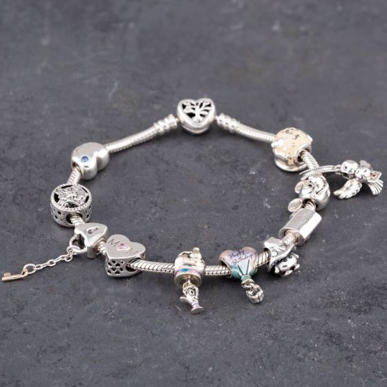 Second Hand Pandora Silver 11 Assorted Bead 20cm Snake Charm Bracelet 41221315