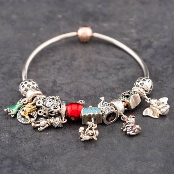 Second Hand Pandora Silver & Rose Gold Plated 12 Charms Included Medium Charm Bangle 41221355