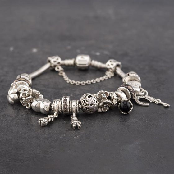 Second Hand Pandora Silver Pandora With Safety Chain And 17 Charms 7.5 Inch Charm Bracelet 41221374