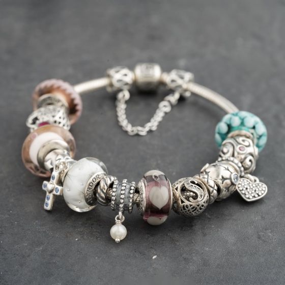 Second Hand Pandora Silver Multi Stone Pandora Assorted Glass Bead 8 Inch Charm Bracelet 41221380