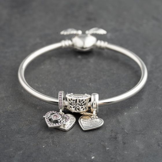 Second Hand Pandora Silver Multi Stone Pandora 3 Assorted Mom And Family Small Charm Bangle 41221397