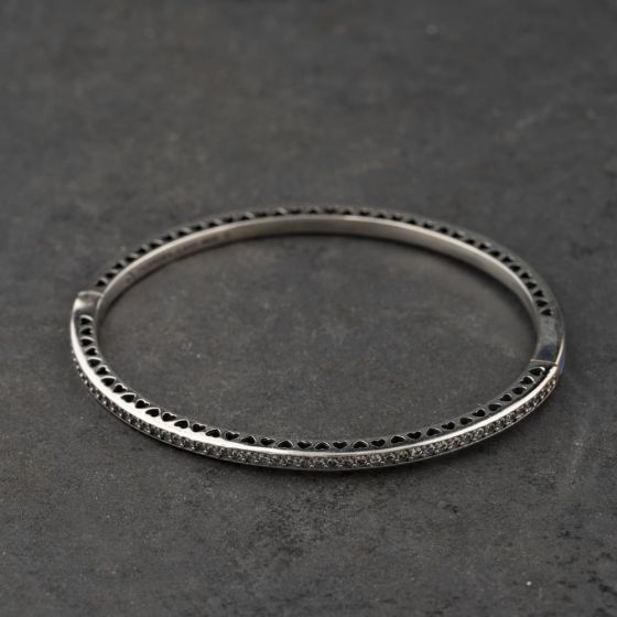 Second Hand Pandora Silver Cubic Zirconia Hinged Bangle 41221443