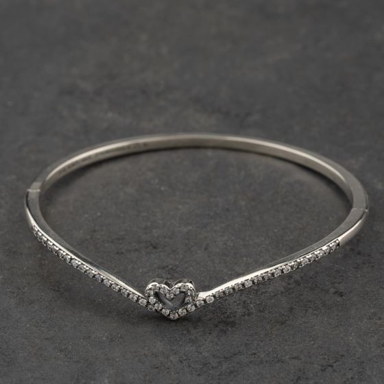 Second Hand Pandora Silver Cubic Zirconia Wishbone Heart Hinged Bangle 41221444