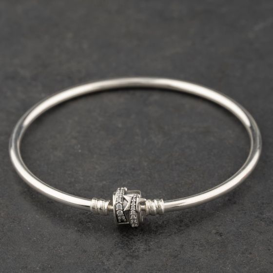 Second Hand Pandora Silver Cubic Zirconia Set Clasp Charm Bangle 41221448