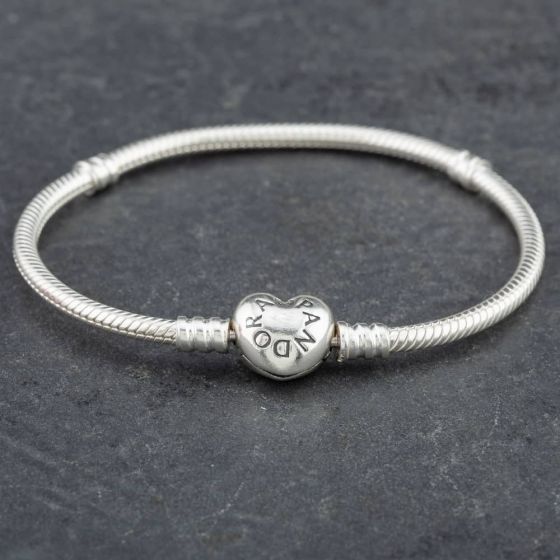 Second Hand Pandora Moments Heart & Snake Chain Charm Bracelet 590719 (18cm)