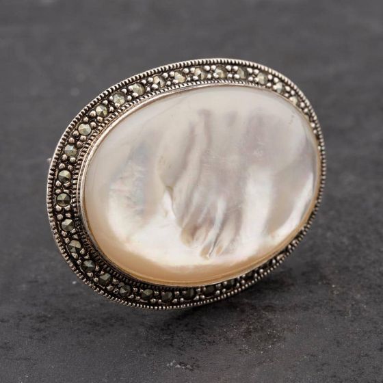 Second Hand Vintage Silver Marcasite & Mother Of Pearl Oval Brooch 41251215