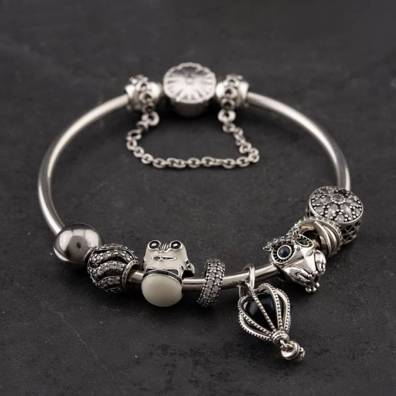 Second Hand Pandora Silver Multi Stone 9 Assorted Bead 19cm Plain Bangle 41251293