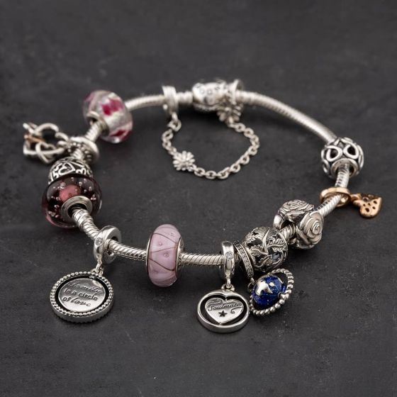 Second Hand Pandora Silver Multi Stone 13 Assorted Bead 20cm Snake Charm Bracelet 41251297
