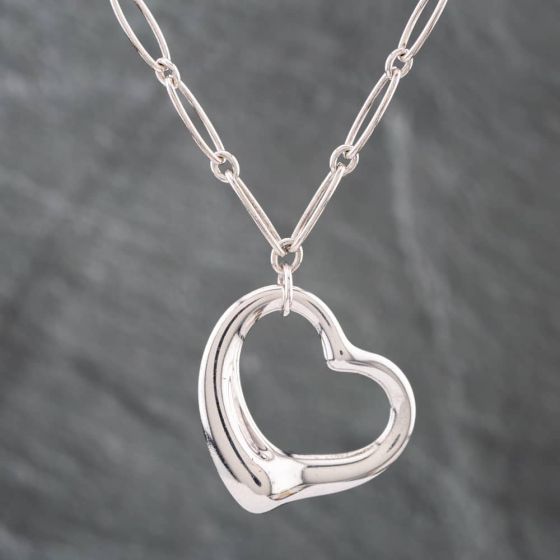 Second Hand Tiffany & Co. Silver Open Heart Pendant & 17 Inch Curb Chain 41251345
