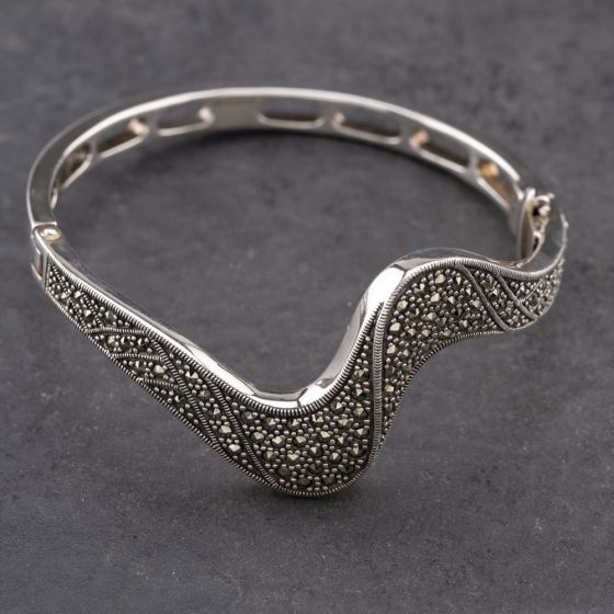 Second Hand Silver Marcasite Pave Wave Style Fancy Hinged Bangle 41251562