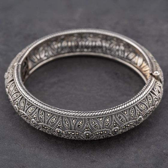 Second Hand Vintage Silver Marcasite Filigree Style Hinged Bangle 41251563