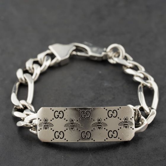 Second Hand Silver Gucci Bee 7.5 Inch Identity Bracelet 41251659