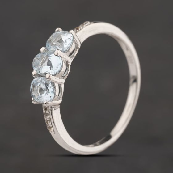 Second Hand Sterling Silver Aquamarine & White Topaz Shoulder Set Three Stone Ring 41251662