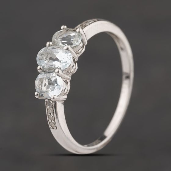 Second Hand Sterling Silver Aquamarine & Diamond Shoulder Set Three Stone Ring 41251666