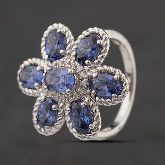 Second Hand Sterling Silver Tanzanite Cubic Zirconia & White Cubic Zirconia Large Flower Cluster Ring 41251667