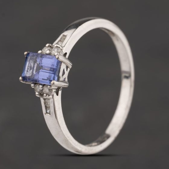 Second Hand Sterling Silver Sapphire & White Topaz Shoulder Set Dress Ring 41251669
