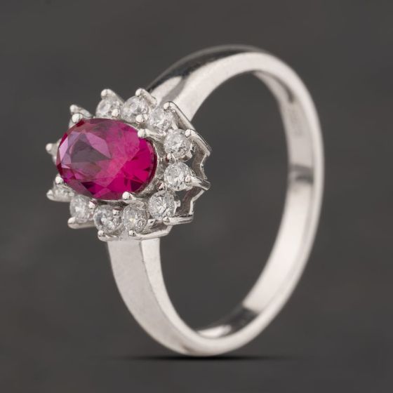Second Hand Sterling Silver Pink Synthetic Ruby & White Cubic Zirconia Oval Cluster Ring 41251698