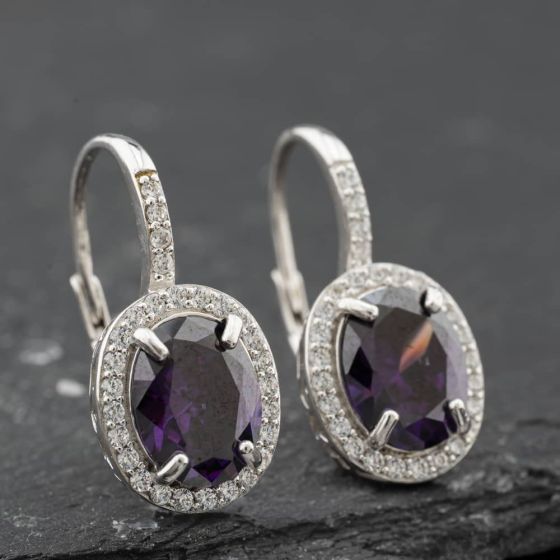 Second Hand Silver 23mm Purple & White Cubic Zirconia Cluster Dropper Earrings 412502167183