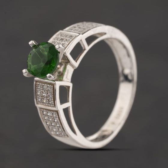 Second Hand Sterling Silver Green Glass & White Cubic Zirconia Shoulder Set Dress Ring 41251704