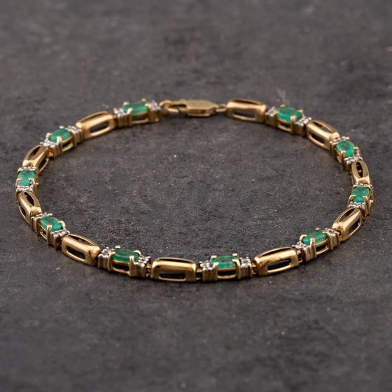 Second Hand 9ct Yellow Gold Emerald & 0.20ct Diamond 7.5 Inch Bracelet 41281215