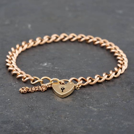 Second Hand 9ct Rose Gold Heart Padlock & Attached Safety Chain 8 Inch Curb Chain Bracelet 41281222
