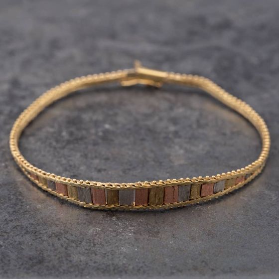 Second Hand 9ct Three Colour Gold Graduated 7.5 Inch Bar Bracelet 41281272