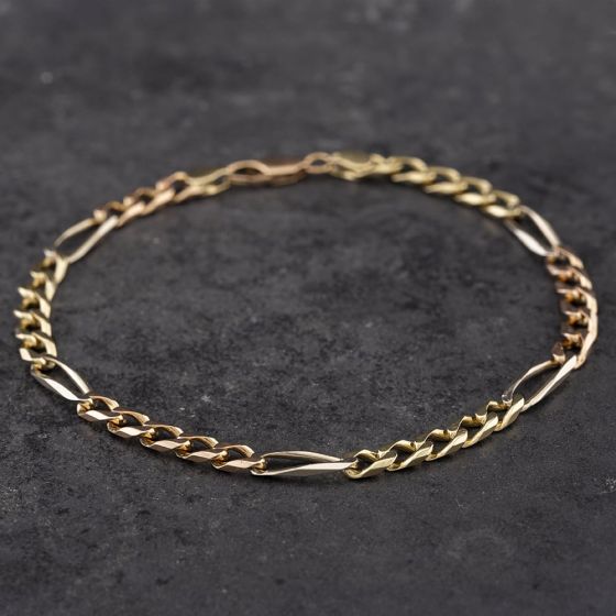 Second Hand 9ct Three Colour Gold Three Plus One 8.5 Inch Figaro Chain Bracelet 41281278