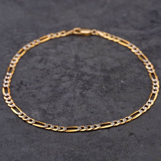 Second Hand 9ct Two Colour Gold Ankle 9.5 Inch Figaro Chain Bracelet 41281295