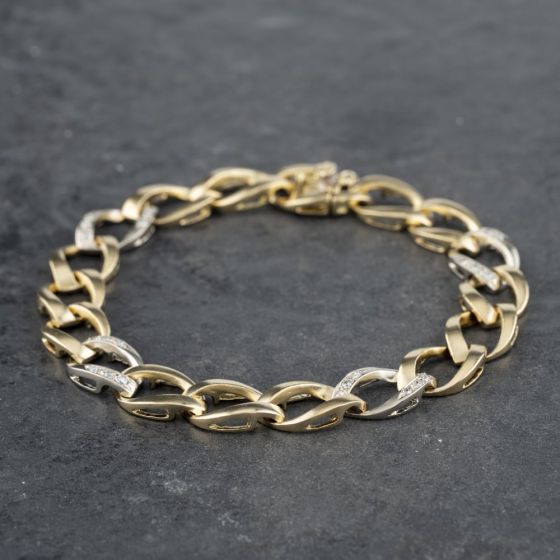 Second Hand 18ct Two Colour Gold Diamond Set 7 Inch Curb Chain Bracelet 41281429