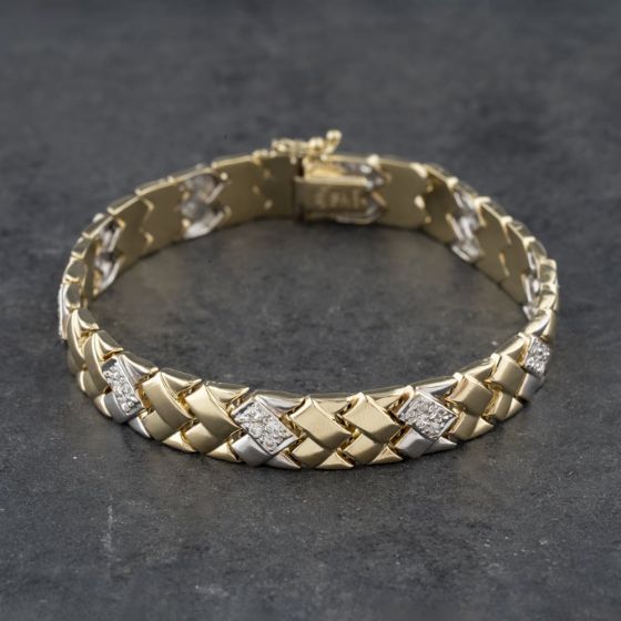 Second Hand 14ct Two Colour Gold Cubic Zirconia Set Woven Link 7.5 Inch Bracelet 41281450