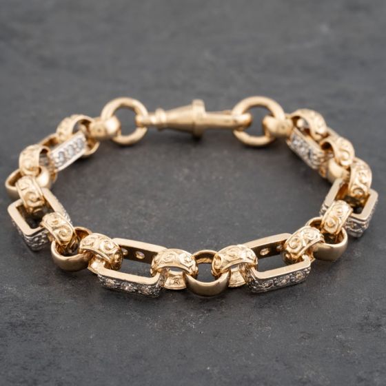 Second Hand 9ct Yellow Gold Cubic Zirconia Set Engraved Link 7 Inch Belcher Chain Bracelet 41281463