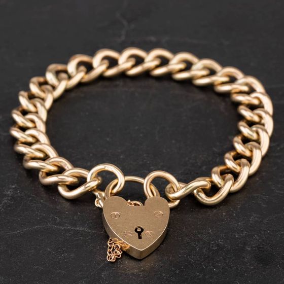Second Hand 9ct Yellow Gold 7.5 Inch Padlock Open Curb Bracelet 4128146
