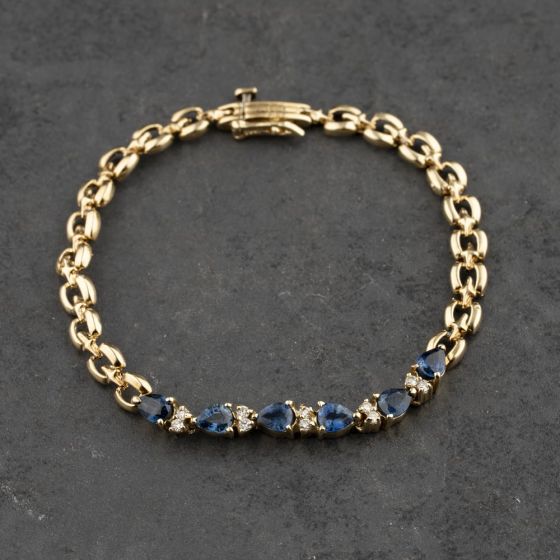 Second Hand 9ct Yellow Gold Sapphire & 0.20ct Diamond Set 7 Inch Bracelet 41281529