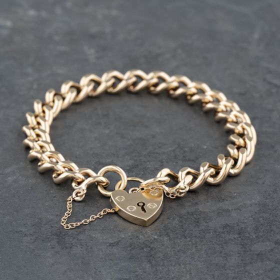 Second Hand Vintage 9ct Yellow Gold Padlock & Safety Chain 7 Inch Curb Chain Bracelet 41281560