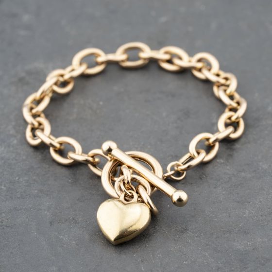 Second Hand 9ct Yellow Gold Heart Charm 8 Inch Belcher T-Bar Bracelet 41281636
