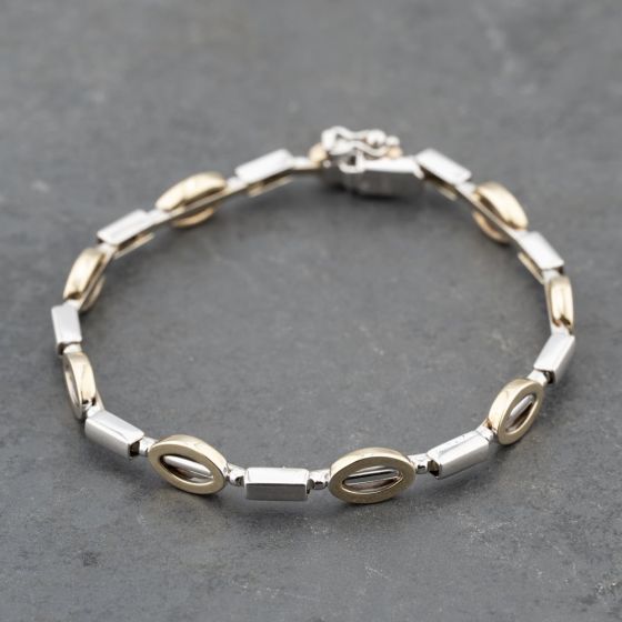 Second Hand 9ct Two Colour Gold Oval And Bar Link 7.25 Inch Chain Bracelet 41281655