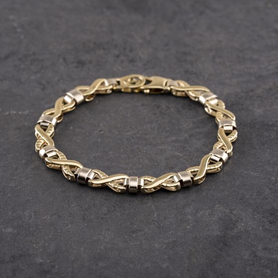 Second Hand 9ct Two Colour Gold Textured And Polished Infinity Link 7.5 Inch Chain Bracelet 41281662