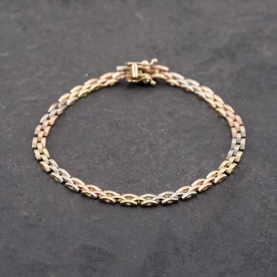 Second Hand 9ct Three Colour Gold Brick 7.5 Inch Chain Bracelet 41281676