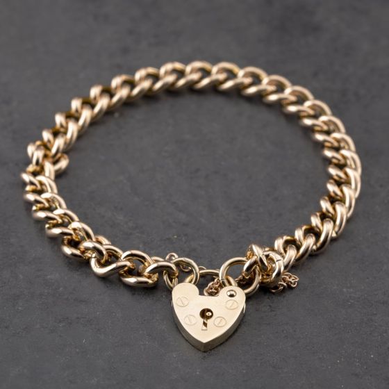 Second Hand 9ct Rose Gold Heart Padlock 7 Inch Curb Chain Bracelet 41281689