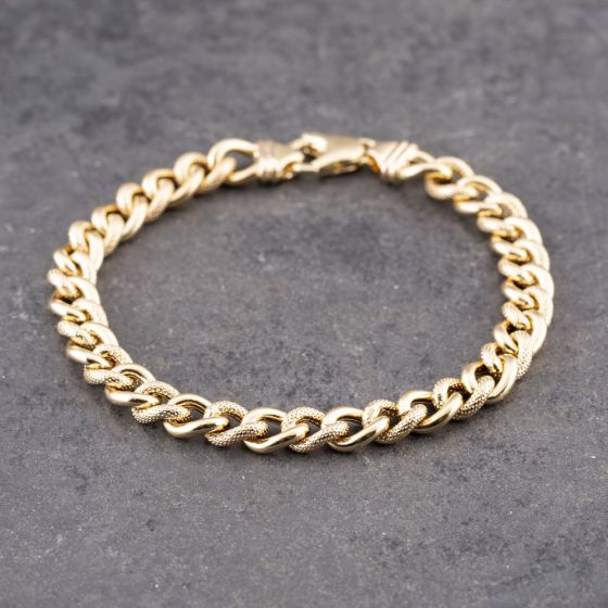 Second Hand 9ct Yellow Gold Plain & Patterned Links 7.5 Inch Curb Chain Bracelet 41281702