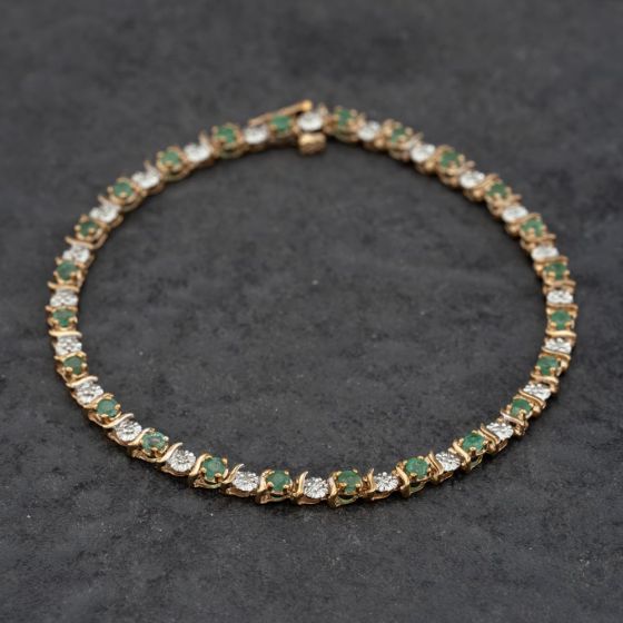 Second Hand 9ct Yellow Gold Emerald & Diamond 7.5 Inch Bracelet 41281722