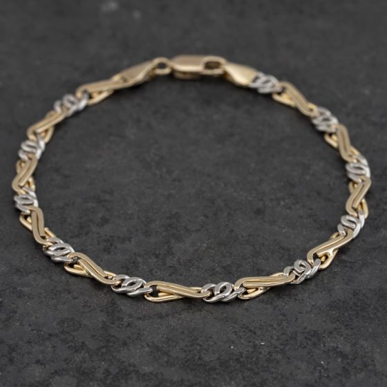 Second Hand 9ct Two Colour Gold Fancy Twist 7.5 Inch Link Chain Bracelet 41281727