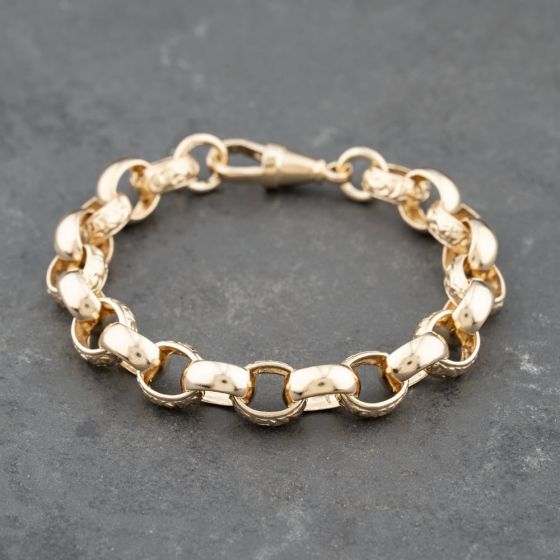 Second Hand 9ct Yellow Gold Polished And Foliate Engraved Oval Link 7.5 Inch Belcher Chain Bracelet 41281740